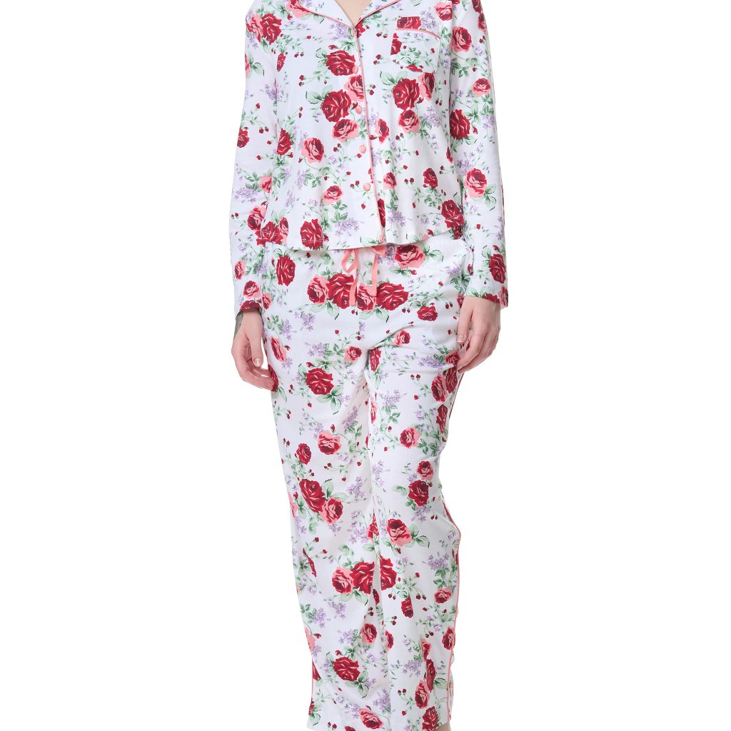 Long Sleeve Notch Collar Pajama Set Soft Cotton Blend Classic Elegant Lounge